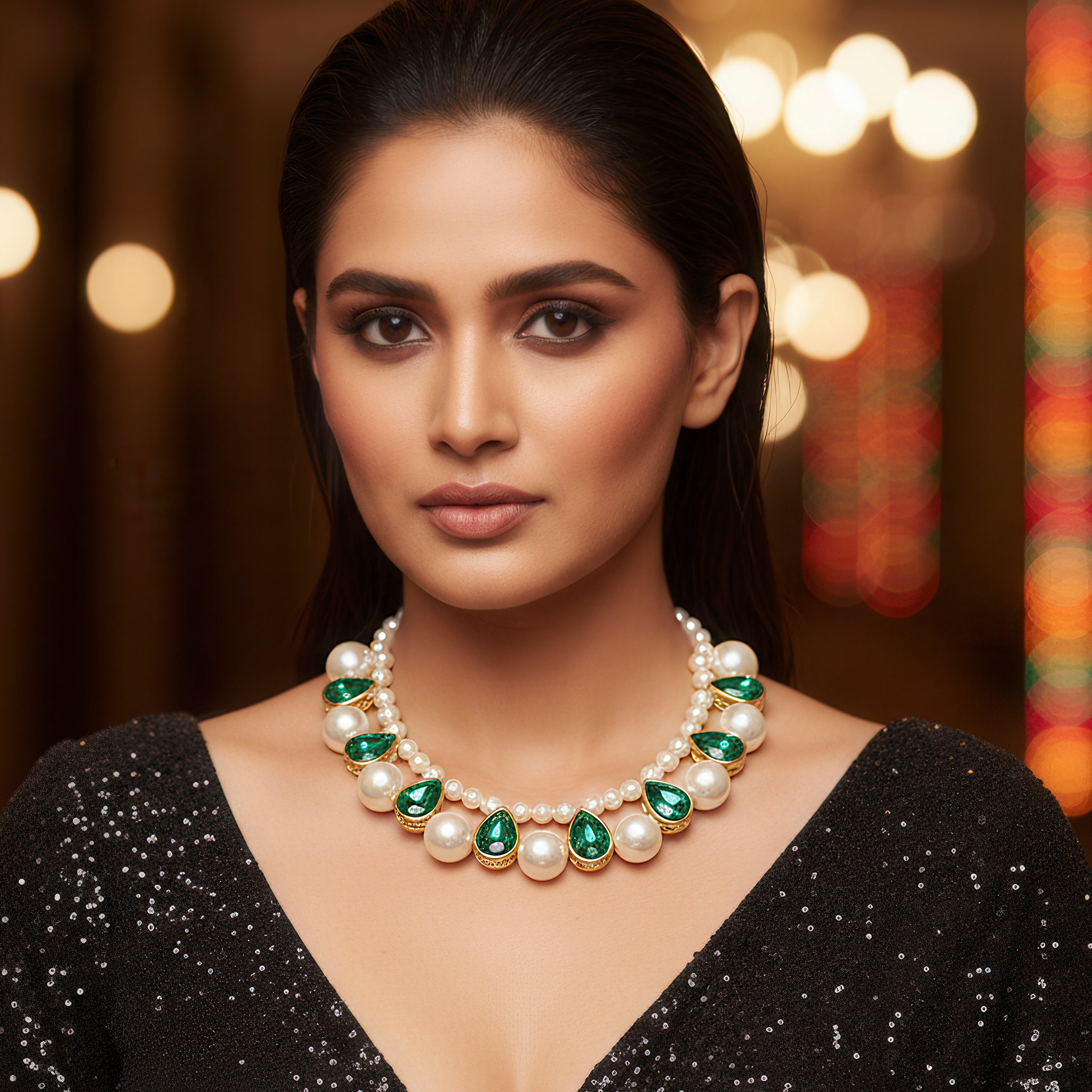 PRAO Pearl & Emerald Crystal Statement Necklace