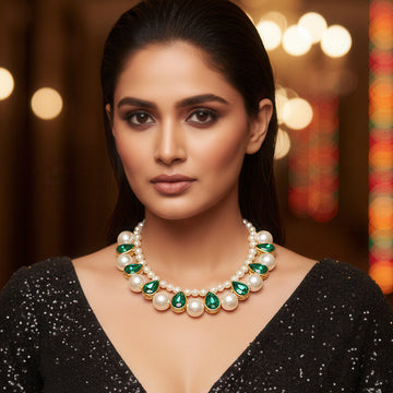 PRAO Pearl & Emerald Crystal Statement Necklace