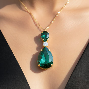 PRAO Anti-Tarnish Emerald Green Drop Crystal Pendant Necklace