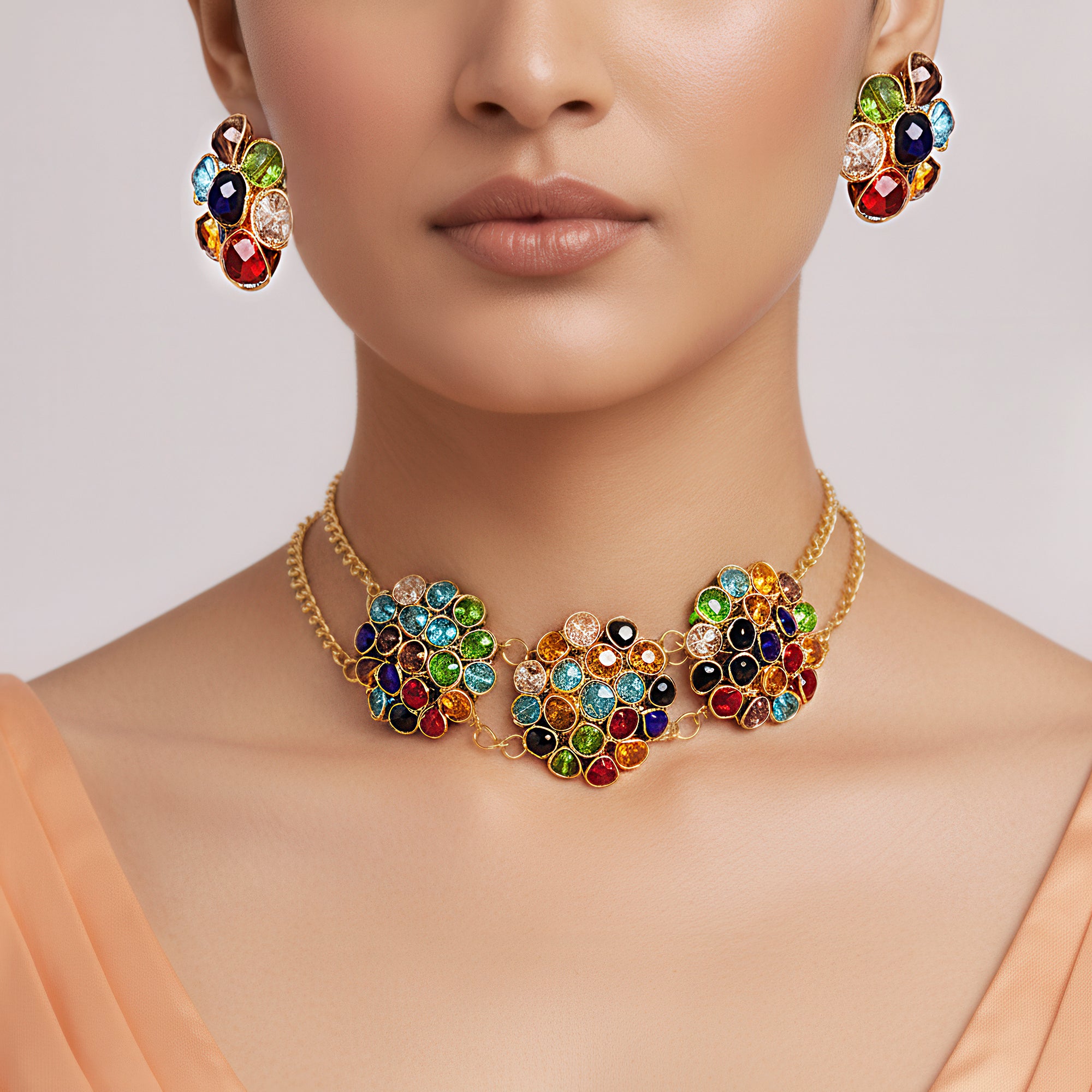 PRAO Anti-Tarnish Multi Crystal Beads Choker Necklace Set With Earrings