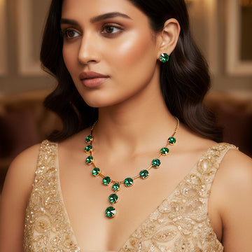 PRAO Anti-Tarnish Emerald Gold Plated Crystal Necklace Set With Earrings