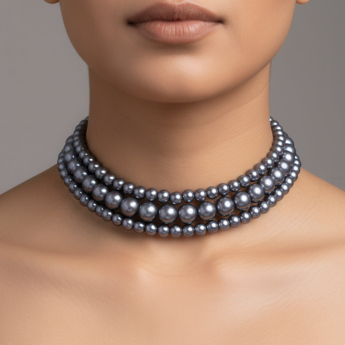 PRAO Triple Layer Blackish Grey Pearl Choker Necklace
