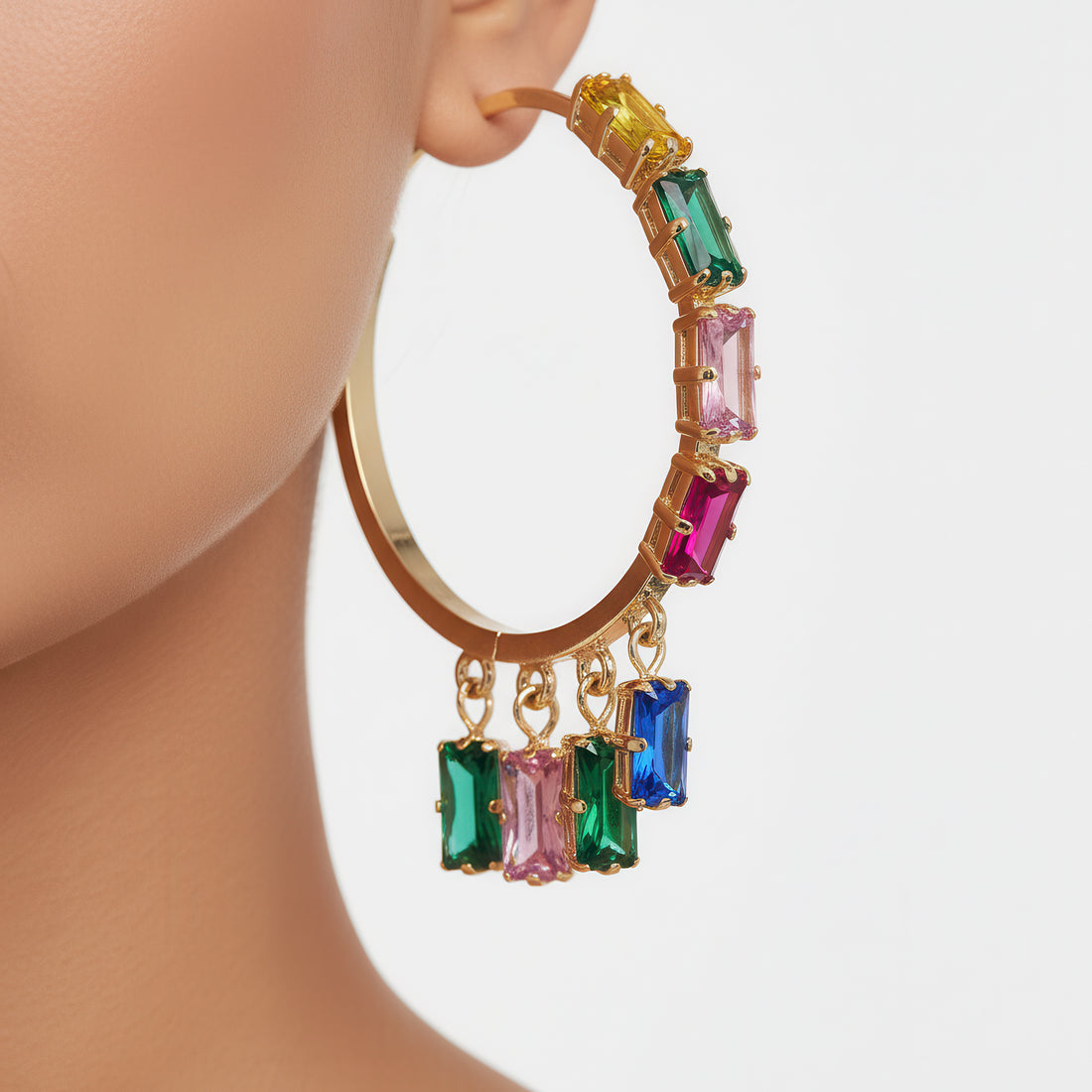 PRAO Anti-Tarnish Rectangle Crystal Charm Hoop Earrings