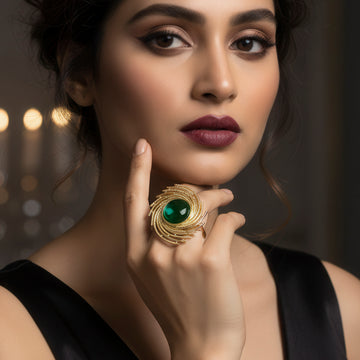 PRAO Anti-Tarnish Galaxy Green Cabochon Cocktail Ring (Adjustable Size)