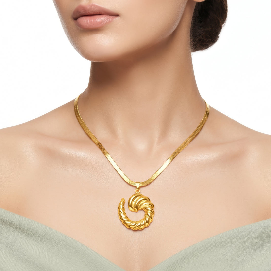 PRAO Necklace Anti-Tarnish Swirl Crescent Pendant Herringbone