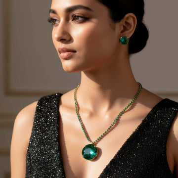 PRAO Anti-Tarnish Round Crystal Pendant Necklace Set with Earrings