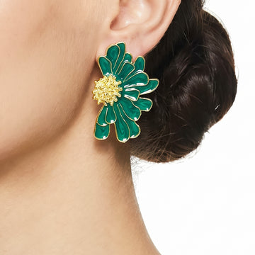 PRAO Earrings Anti-Tarnish Teal Floral Enamel Studs
