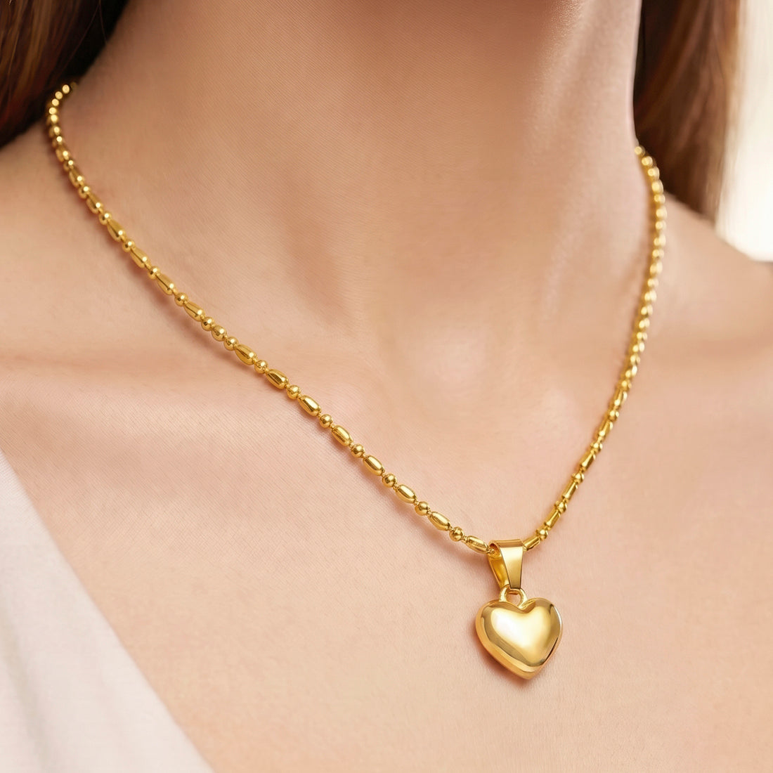 PRAO Necklace Anti-Tarnish Heart Pendant With Bead-And-Bar Chain