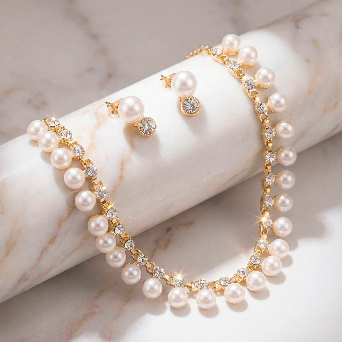 PRAO Necklace Anti-Tarnish Pearl & Crystal Studded Statement Set with Earrings