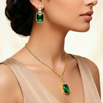 PRAO Necklace Anti-Tarnish Emerald Crystal Pendant Set With Earrings