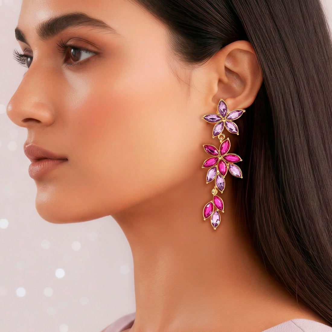 PRAO Earrings Waterproof Flowery Long Crystal Danglers
