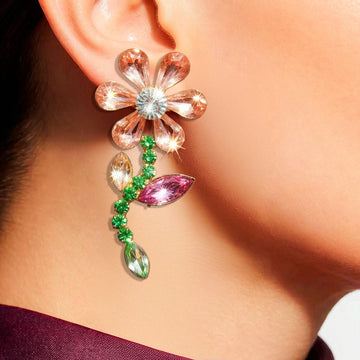 PRAO Earrings Anti-Tarnish Multicoloured Crystal Flower Danglers