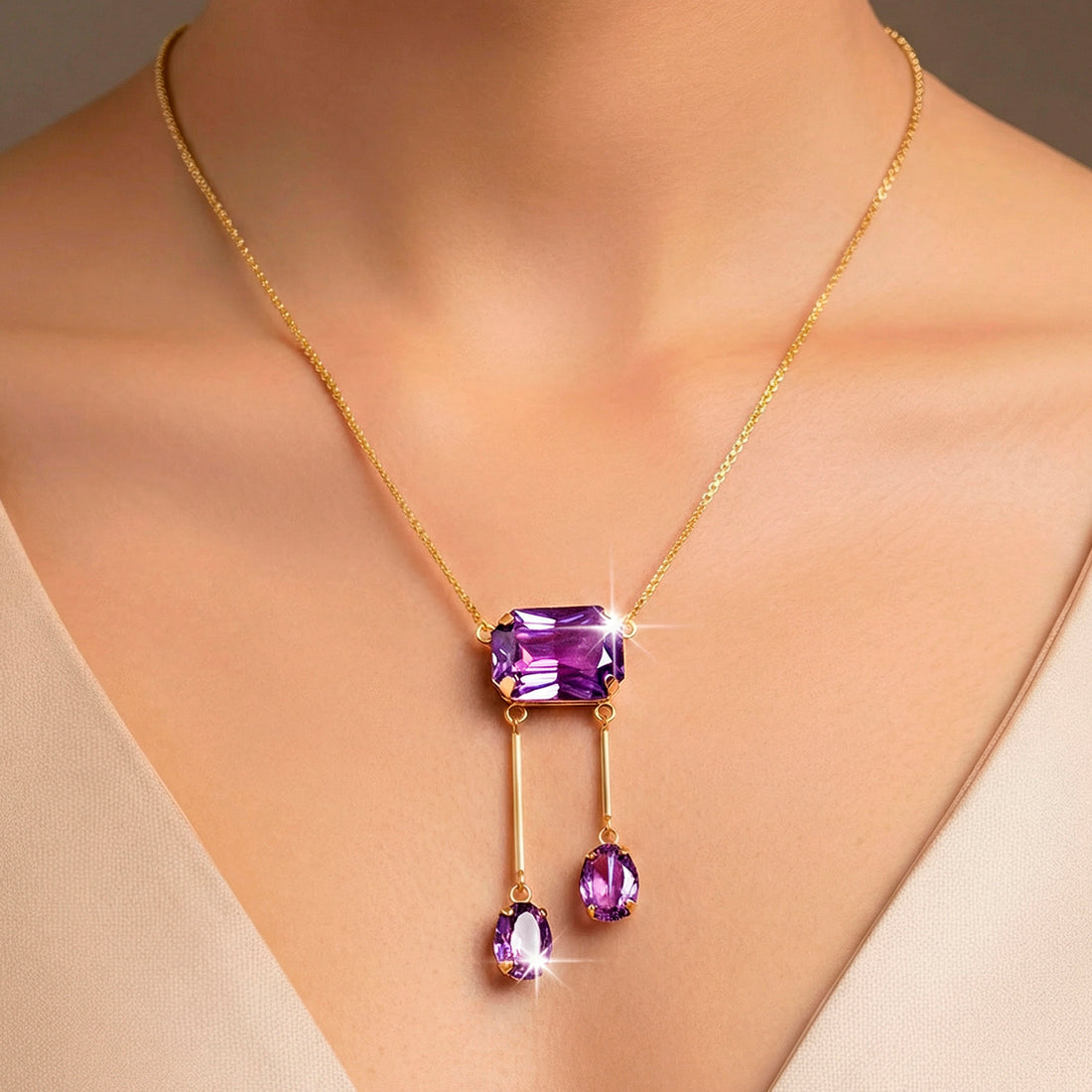 PRAO Necklace Waterproof Rectangle Crystal Lariat Set With Earrings