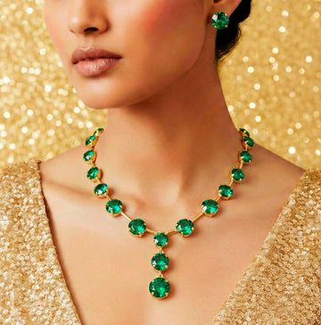 PRAO Necklace Anti-Tarnish Emerald Crystal Set With Earrings