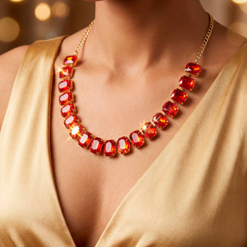 PRAO Necklace Anti-Tarnish Red Crystal Set with Earrings