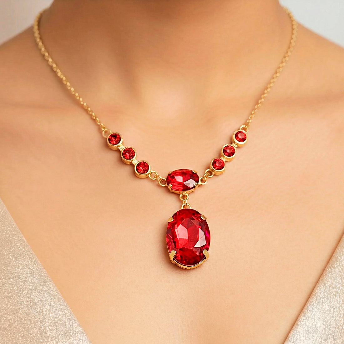PRAO Necklace Anti-Tarnish Ruby Red Oval Crystal Pendant