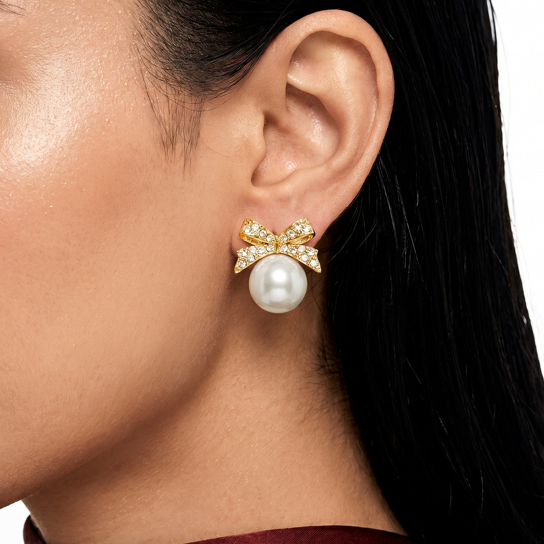 PRAO Earrings Anti-Tarnish Crystal Bow Pearl Studs