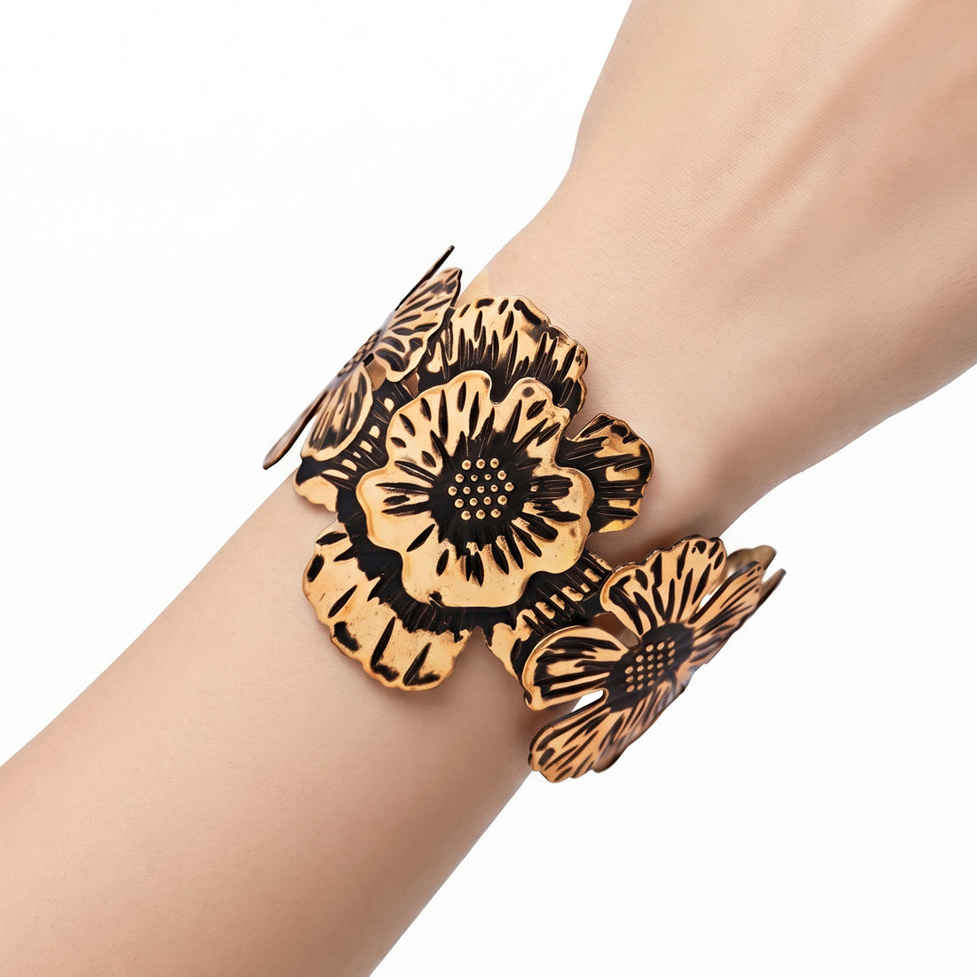 PRAO Bracelet Anti-Tarnish Black Floral Sculpted Cuff (Adjustable Size)