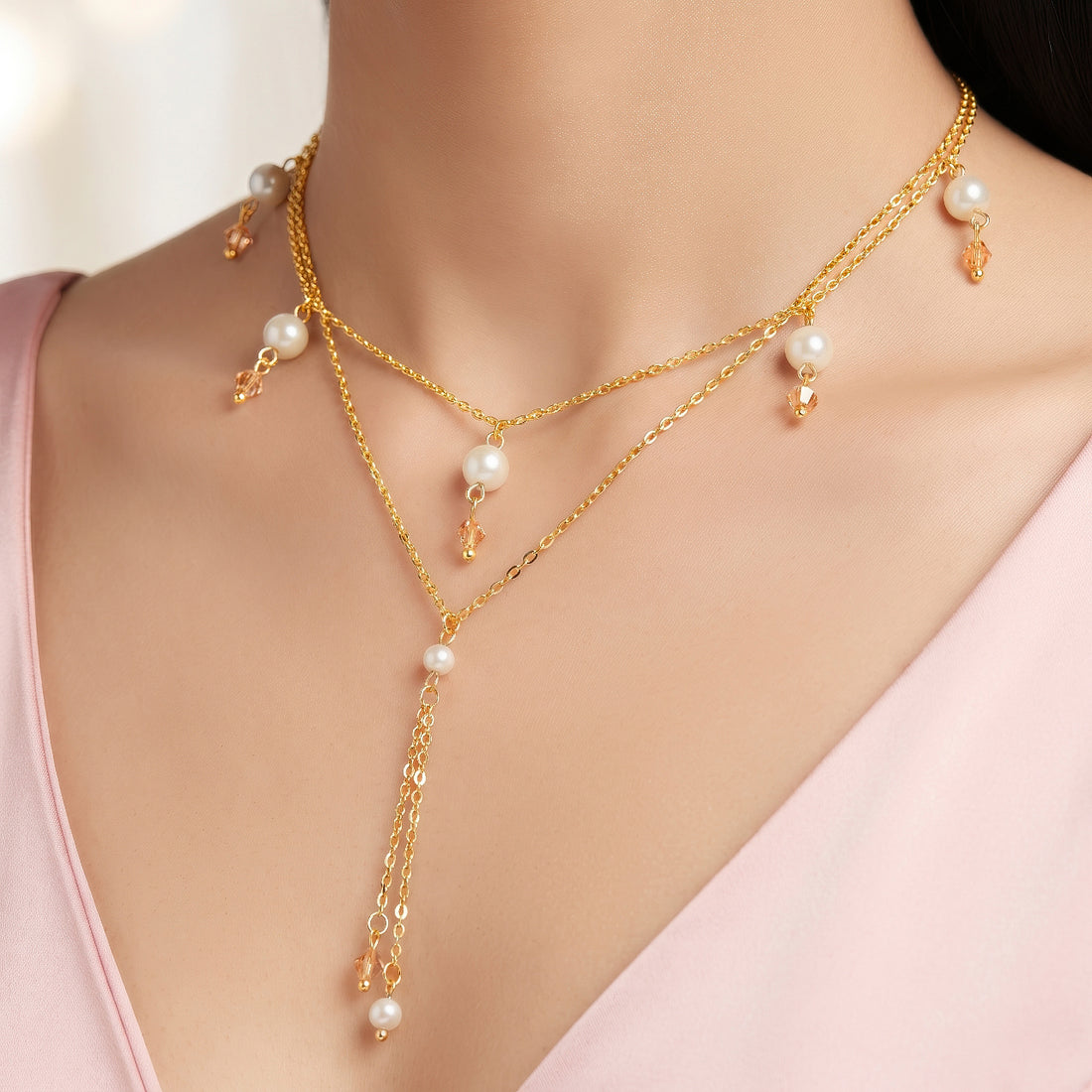PRAO Necklace Anti-Tarnish Layered Pearl Lariat