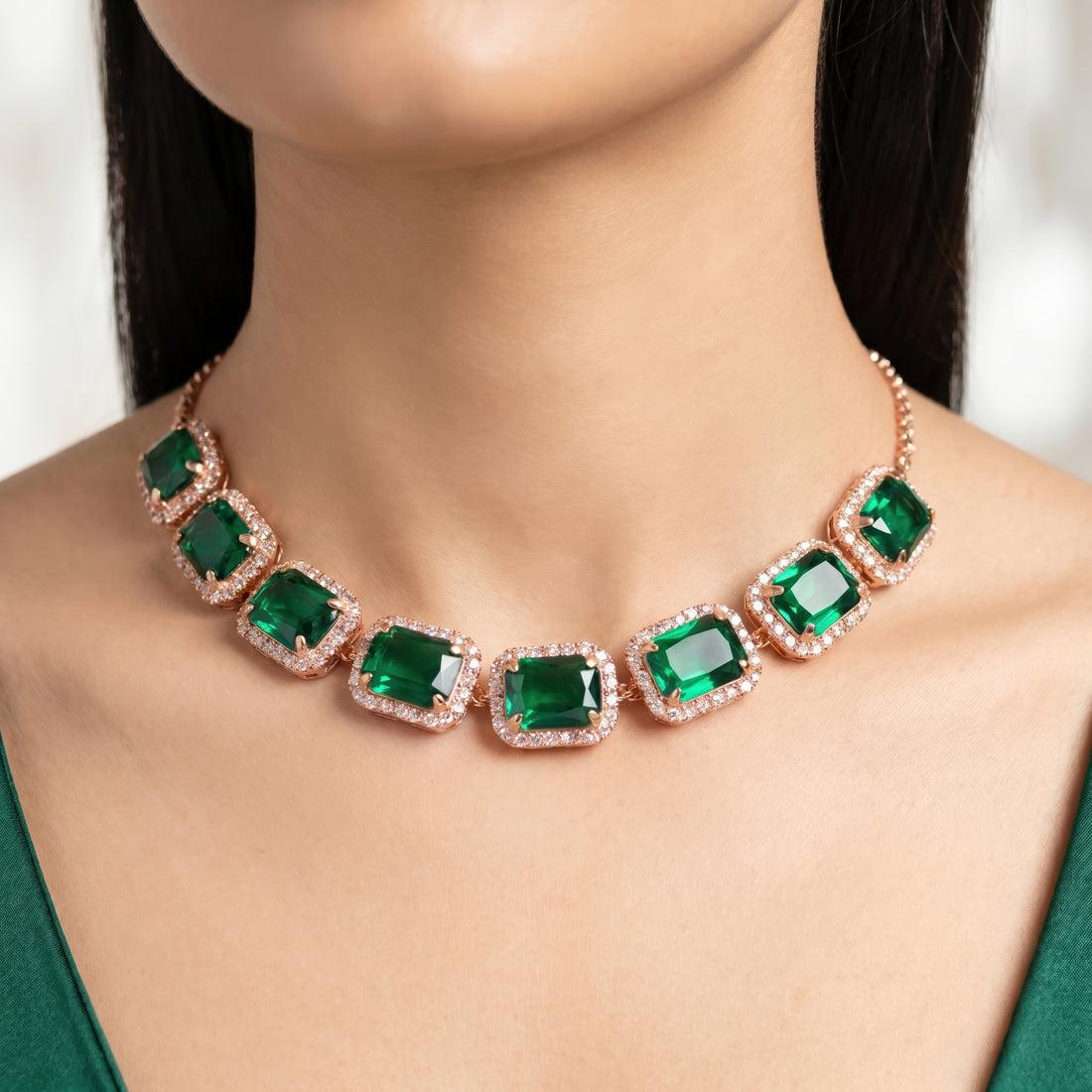 PRAO Necklace Anti-Tarnish Emerald Rectangle Crystal