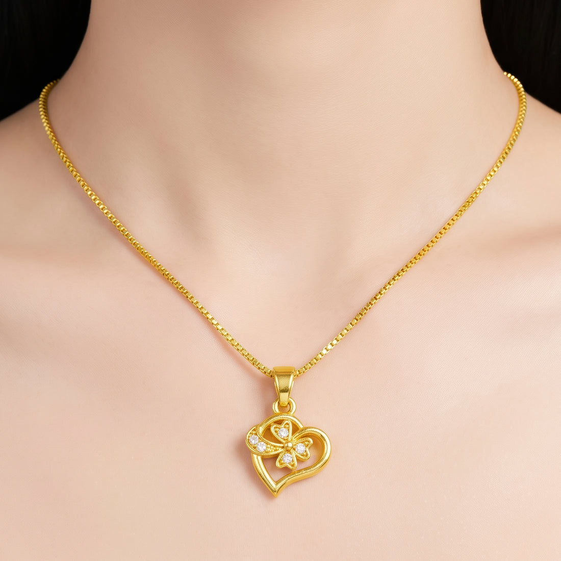 PRAO Necklace Anti-Tarnish Open Heart Clover Chain