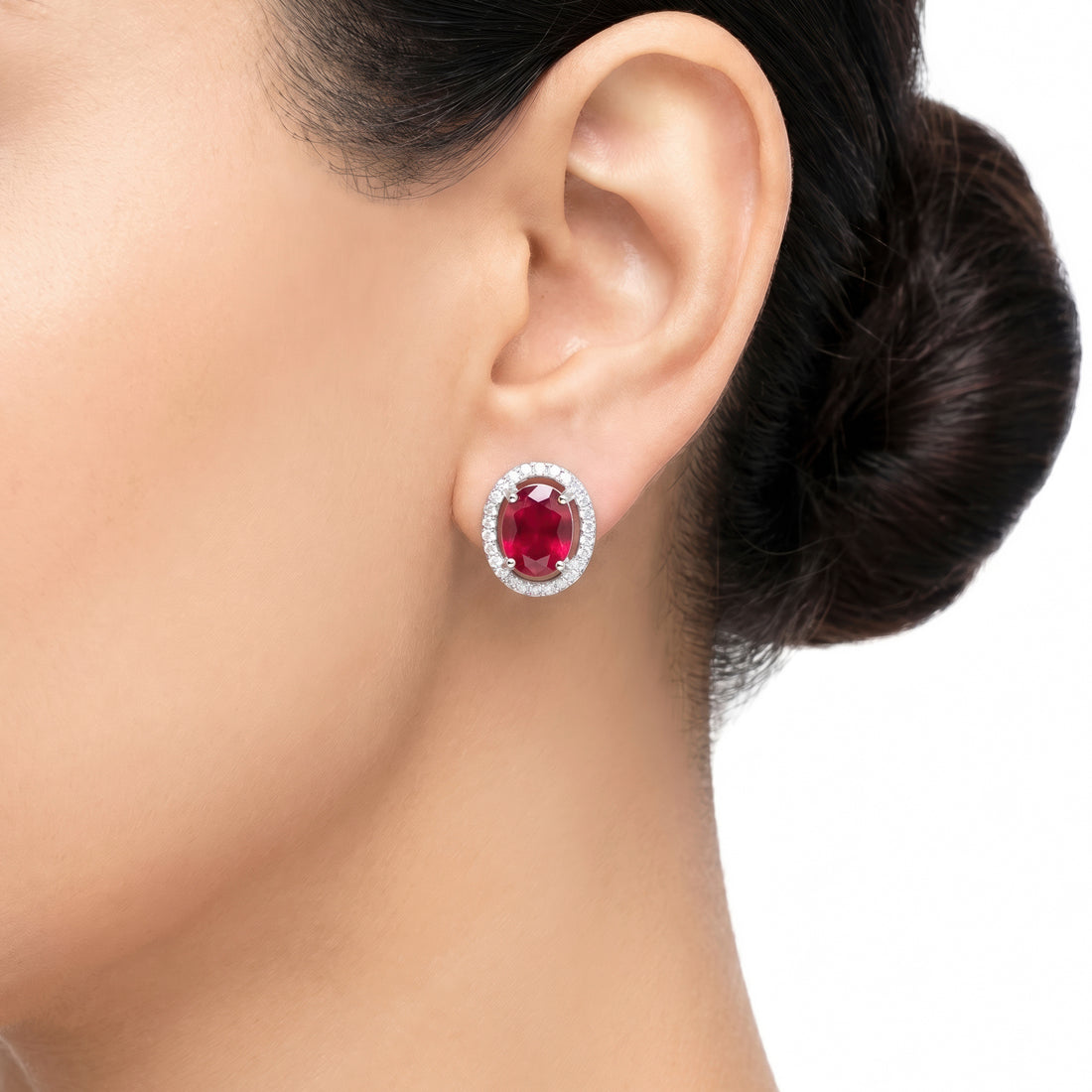 PRAO Earrings Anti-Tarnish Oval Ruby Red Crystal Halo Studs