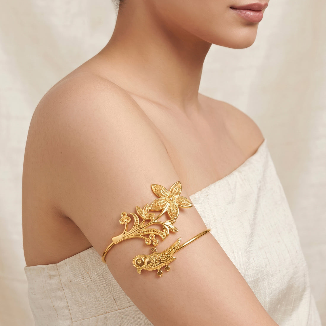 PRAO Arm Cuff Anti-Tarnish Floral Branch & Bird Open Cuff (Adjustable Size)