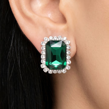 PRAO Earrings Anti-Tarnish Emerald Rectangular Crystal Studs With Rhinestone Halo