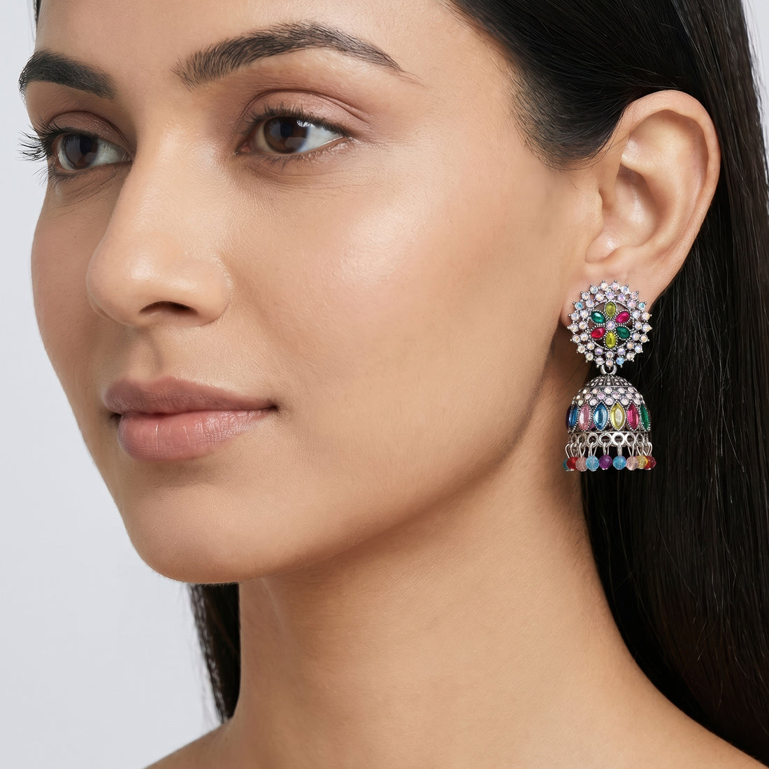 PRAO Earrings Anti-Tarnish Multi-Color Beaded Jhumka With Teardrop Gemstones