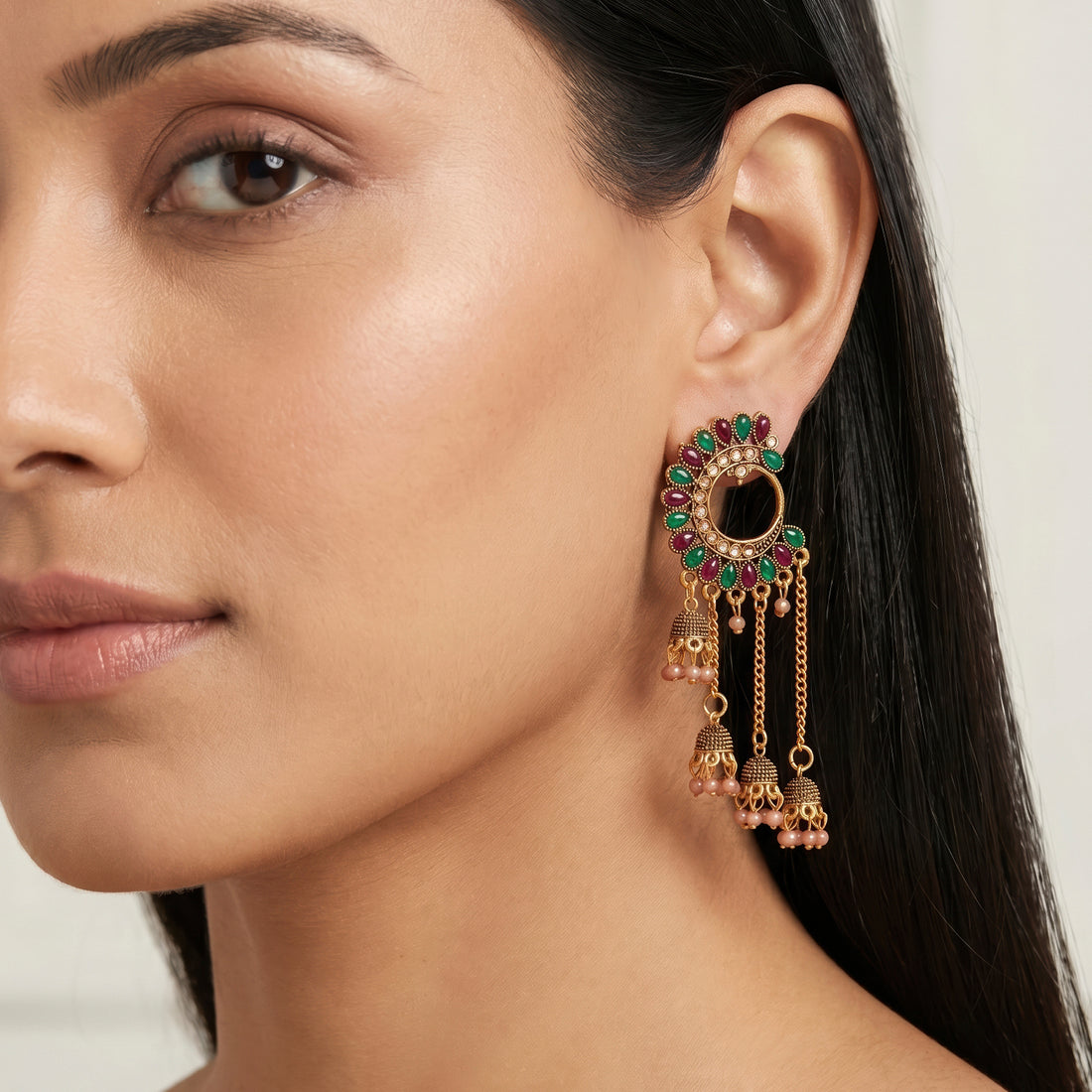 PRAO Earrings Anti-Tarnish Peacock Multi-Layered Stone Jhumka
