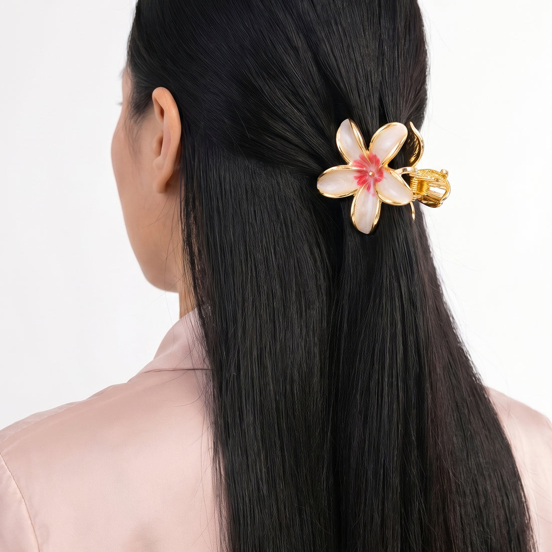 PRAO Hair Claw Clip Anti-Tarnish White Red Five Petal Enamel Flower Pin