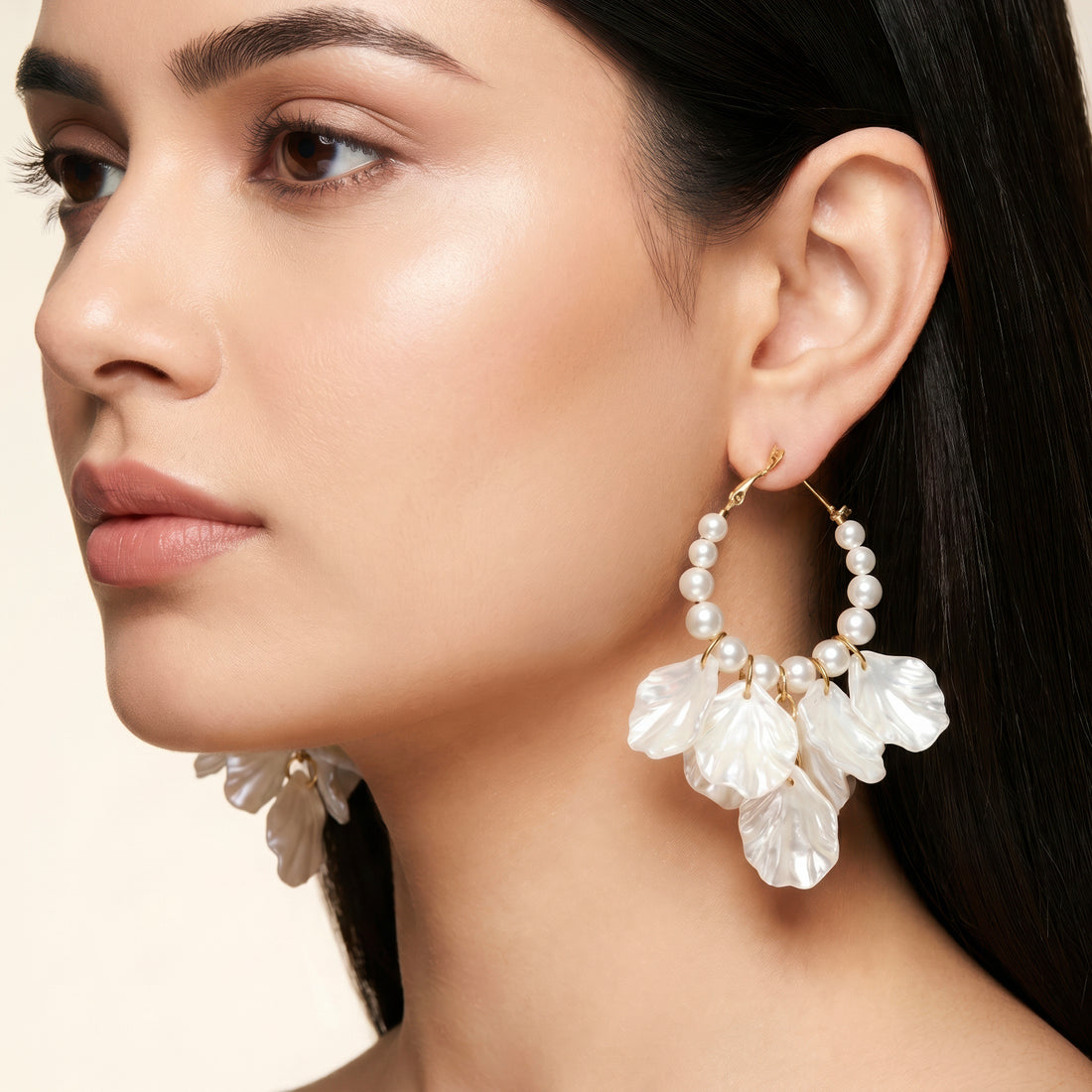PRAO Earrings Anti-Tarnish Hoops With Faux Pearls And Iridescent Flower Petals