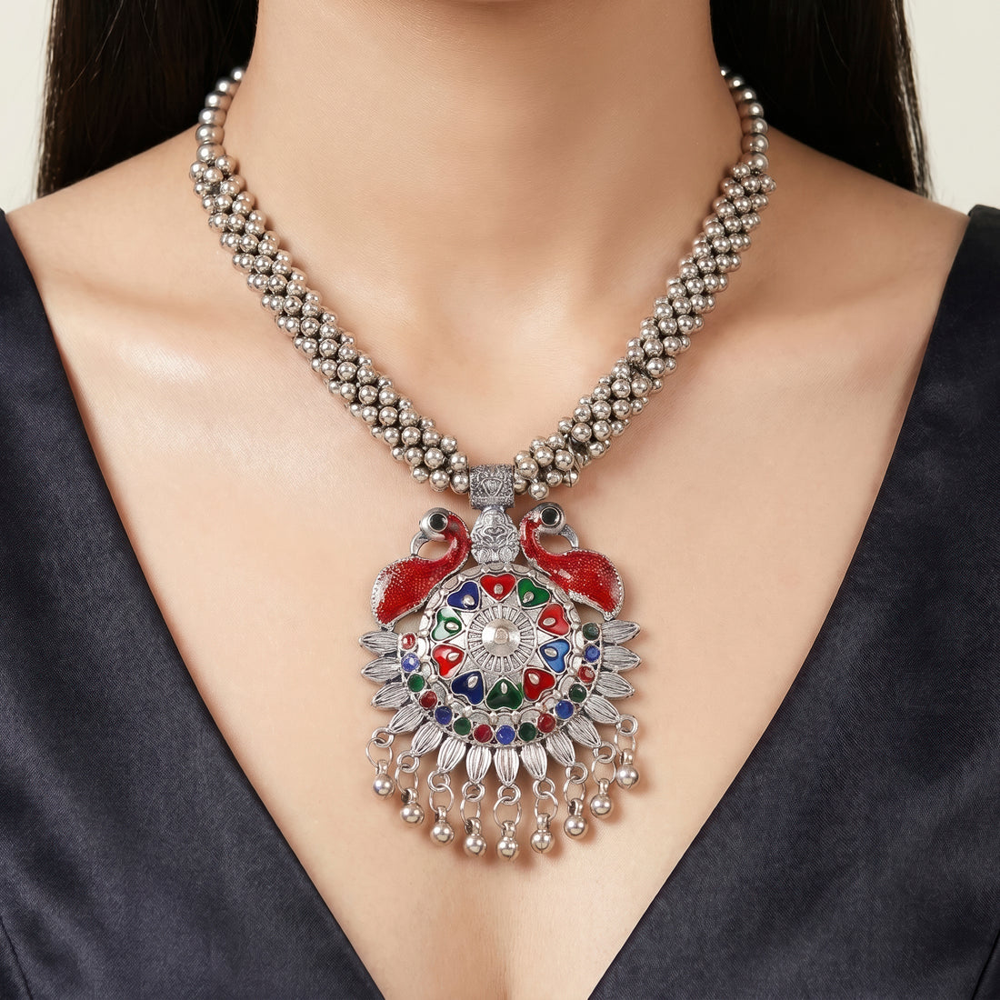 PRAO Necklace Anti-Tarnish Peacock Enamel Oxidized Set With Earrings