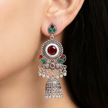 PRAO Earrings Anti-Tarnish Tribal Design Stone Jhumka