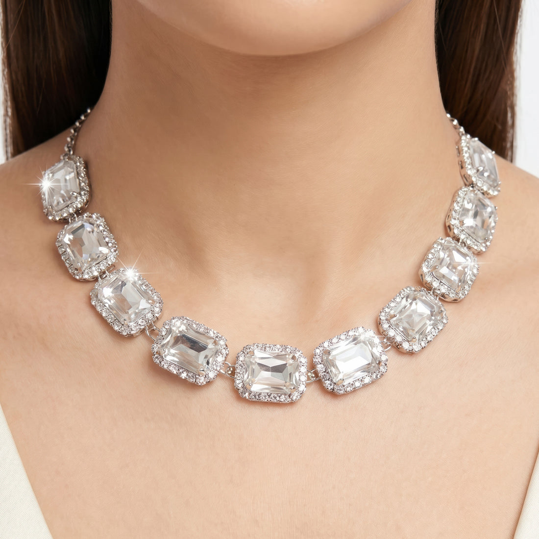 PRAO Necklace Anti-Tarnish Rectangle Crystal Set With Earring