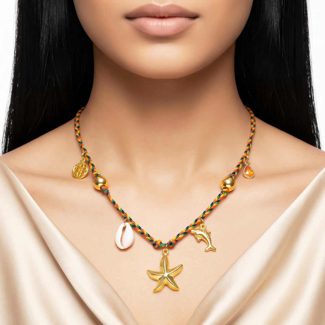 PRAO Necklace Anti-Tarnish Braided Multicolored Cord Chain With Starfish, Dolphin, Cowrie Shell, And Amber Charm