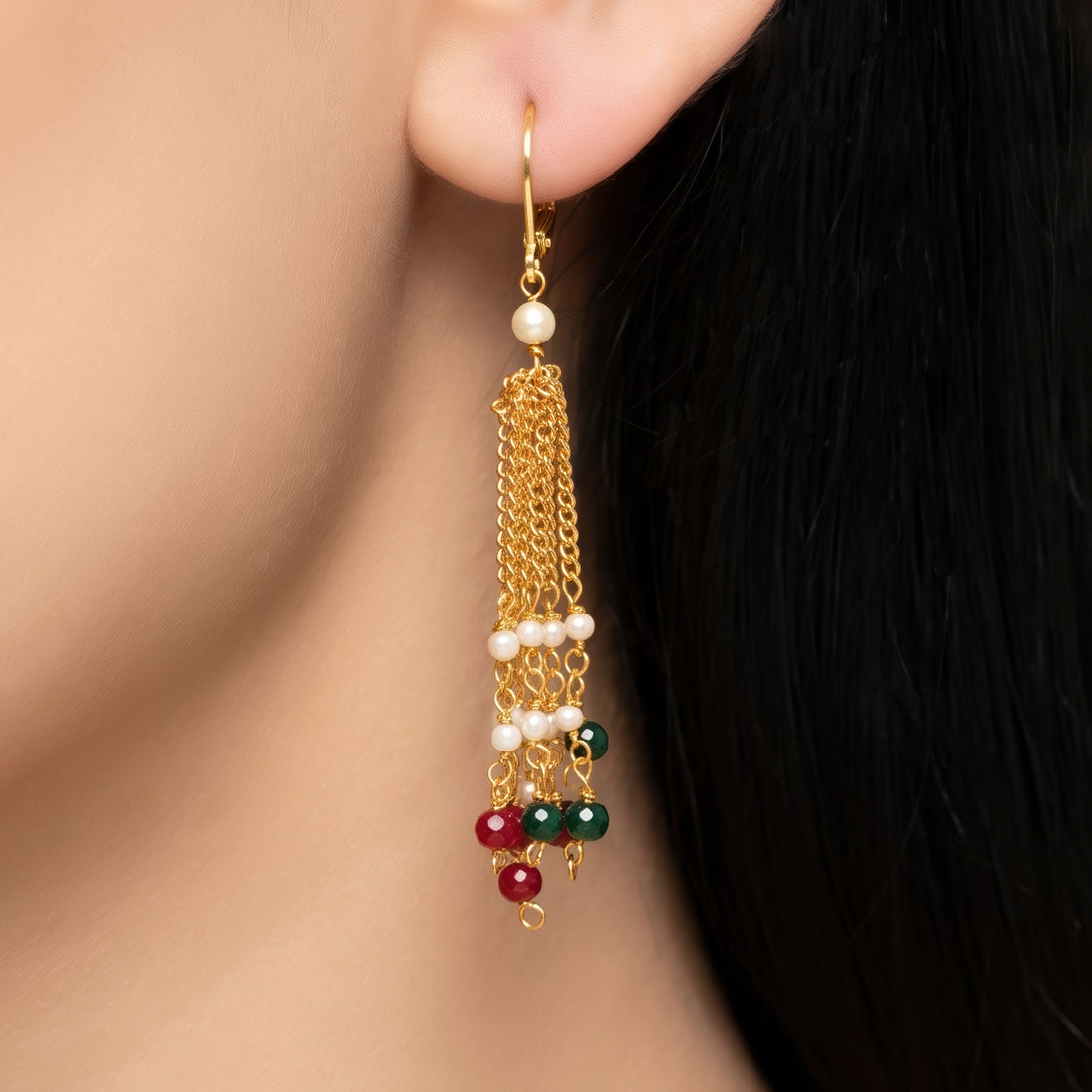PRAO Earrings Anti-Tarnish Multi-Strand Dangles With Red, Green And Pearl Beads