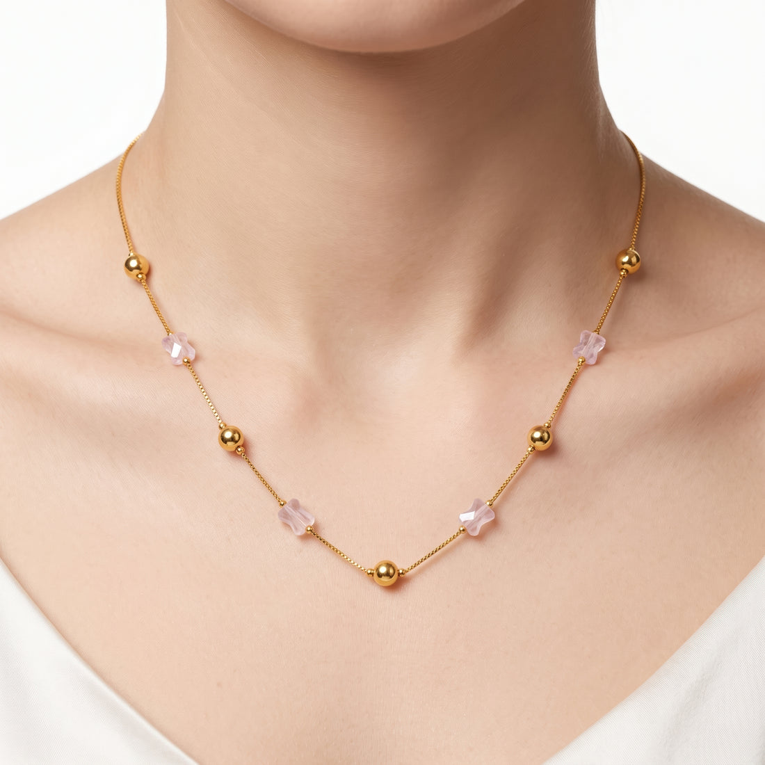 PRAO Necklace Anti-Tarnish Box Chain With Textured Beads And Pastel Pink Bow Crystal Accents