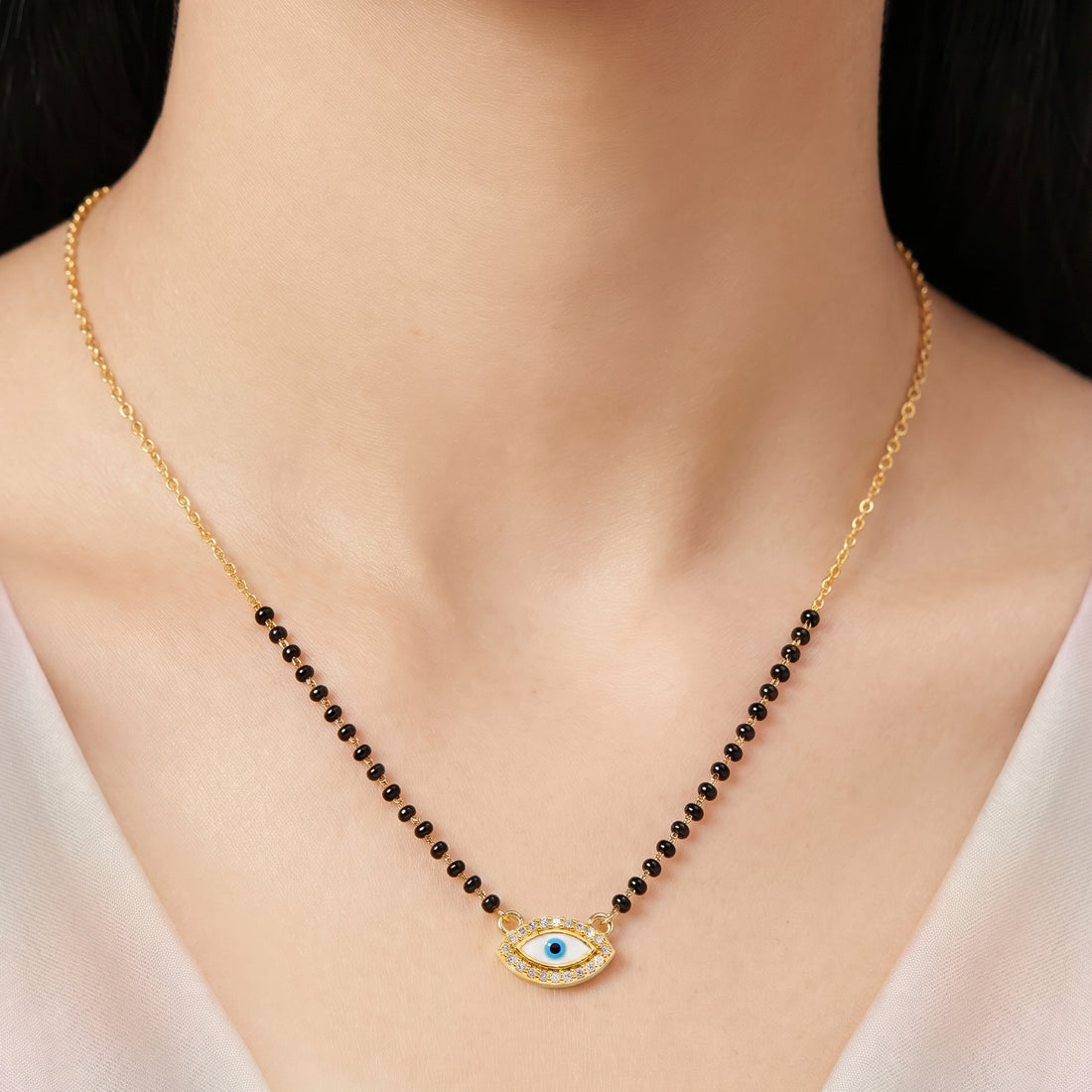 PRAO Necklace Anti-Tarnish Evil Eye Crystal Enamel Pendant Mangalsutra