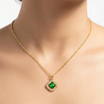 PRAO Necklace Anti-Tarnish Square White And Emerald Crystal Pendant