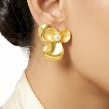 PRAO Earrings Anti-Tarnish Organic Floral Studs With Faux Pearl
