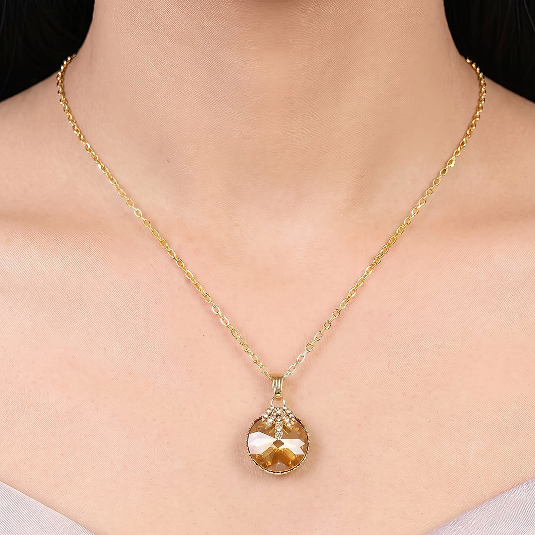 PRAO Necklace Anti-Tarnish Round Champagne Pendant