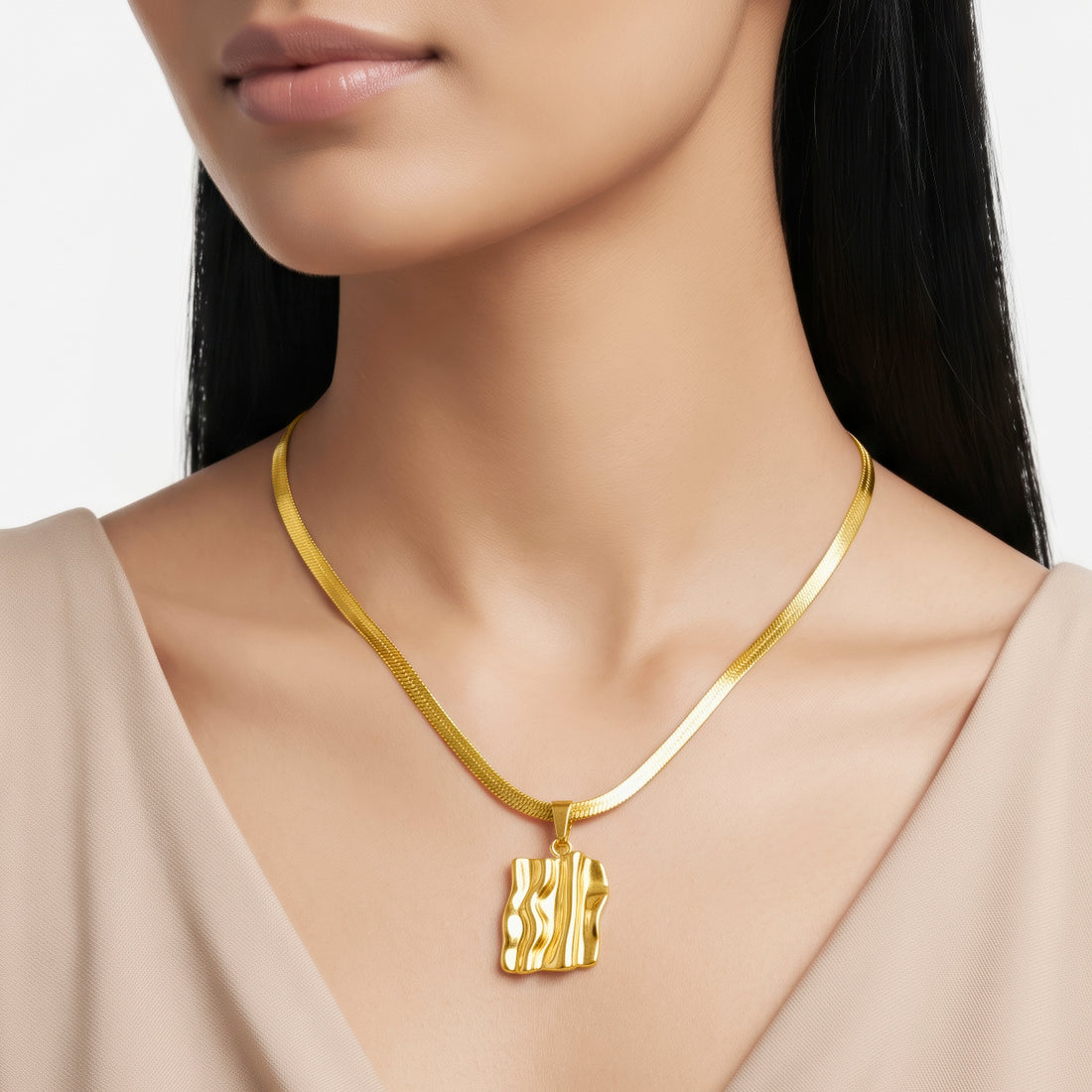 PRAO Necklace Anti-Tarnish Wavy Rectangle Pendant