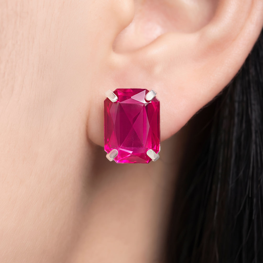 PRAO Earrings Anti-Tarnish Emerald-Cut Fuchsia Pink Gemstone Studs