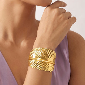 PRAO Bracelet Anti-Tarnish Gold Plated Leaf Bangle (Adjustable Size)