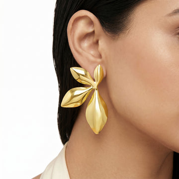 PRAO Earrings Anti-Tarnish Sculpted Golden Leaf Set