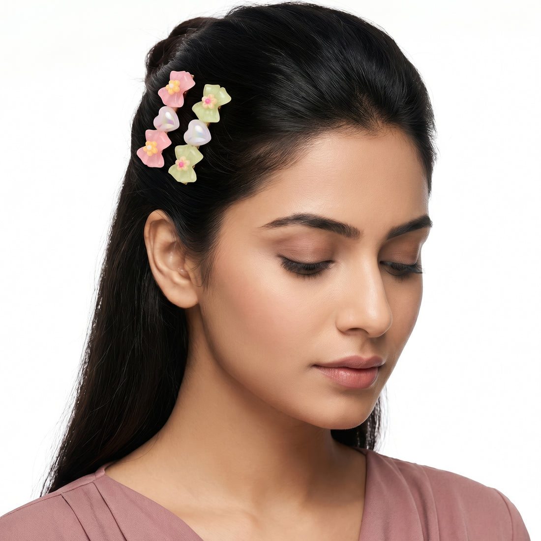 PRAO 2 Hair Clip Anti-Tarnish Pastel Pink Lime Resin Bow Pair Flower Center Iridescent Heart Accent