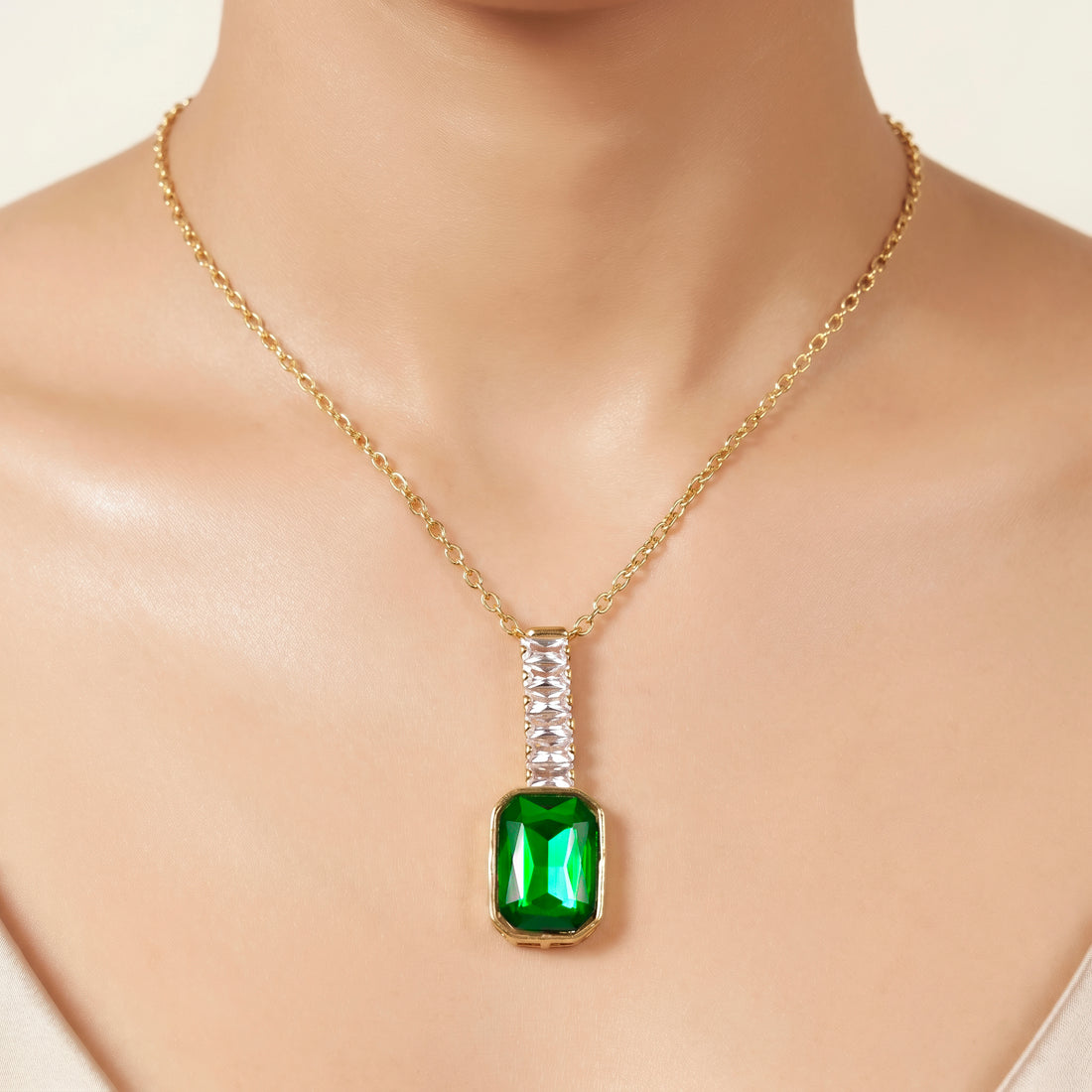 PRAO Necklace Anti-Tarnish Baguette Chain & Emerald Crystal Pendant