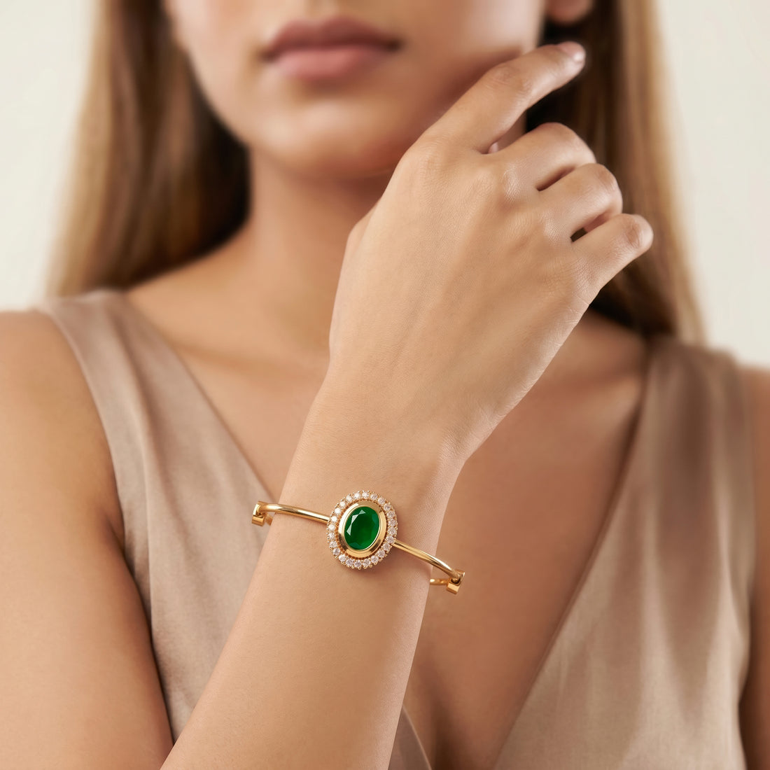 PRAO Bracelet Anti-Tarnish Green Gemstone Halo Bangle (Adjustable Size)