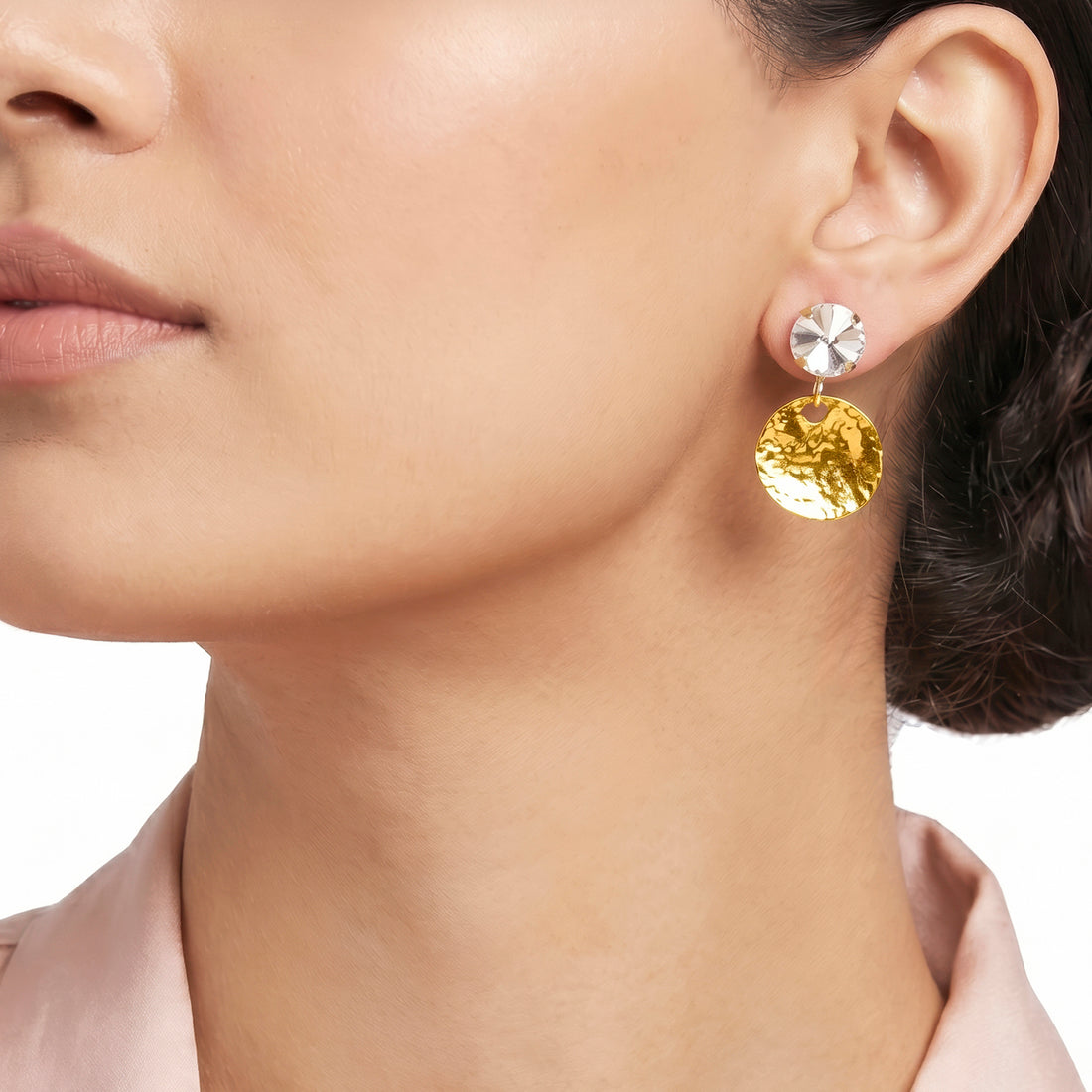 PRAO Earrings Anti-Tarnish Hammered Coin Dangles With White Crystal